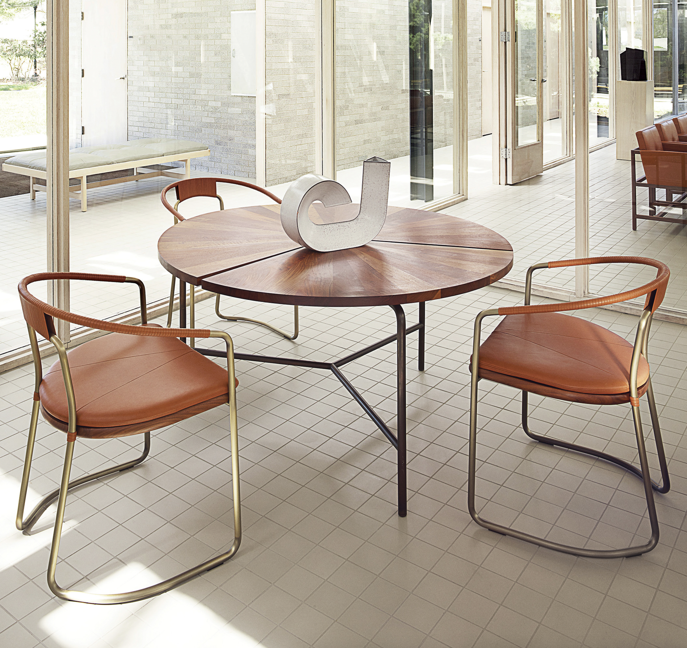 BassamFellows CB-450 Geometric Chairs Walnut and Bronze and CB-35 Circular Dining Table in solid Walnut and Oxidized Brass