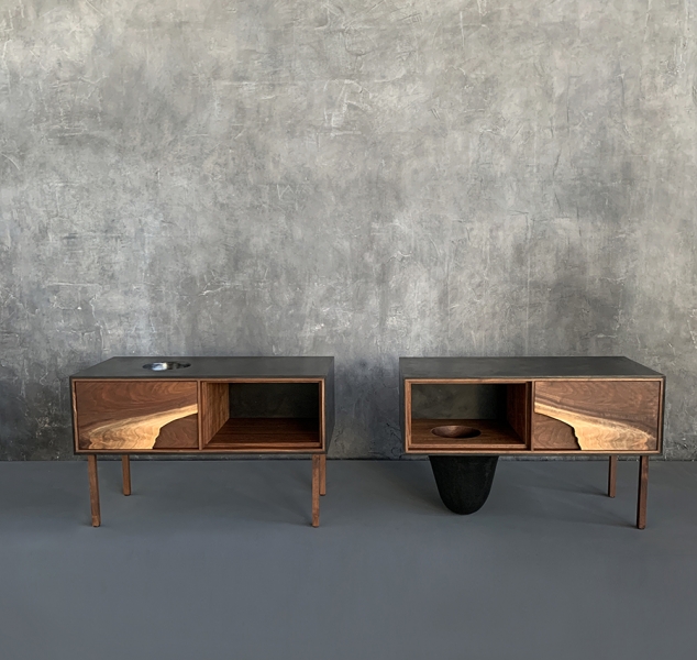 OUTSIDE IN Side Tables in Black with Wooden Legs by Patrick Weder