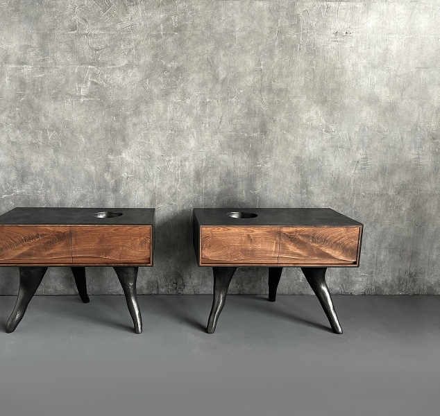 OUTSIDE IN Side Tables in Black with Concrete Legs by Patrick Weder