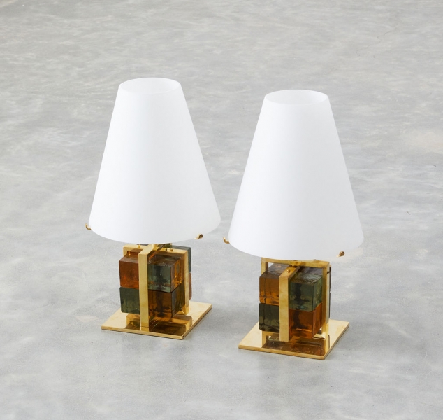 Pair of Cubist Table Lamps in Amber